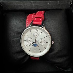 Mercedes Benz Red Strap Silver Dial Watch